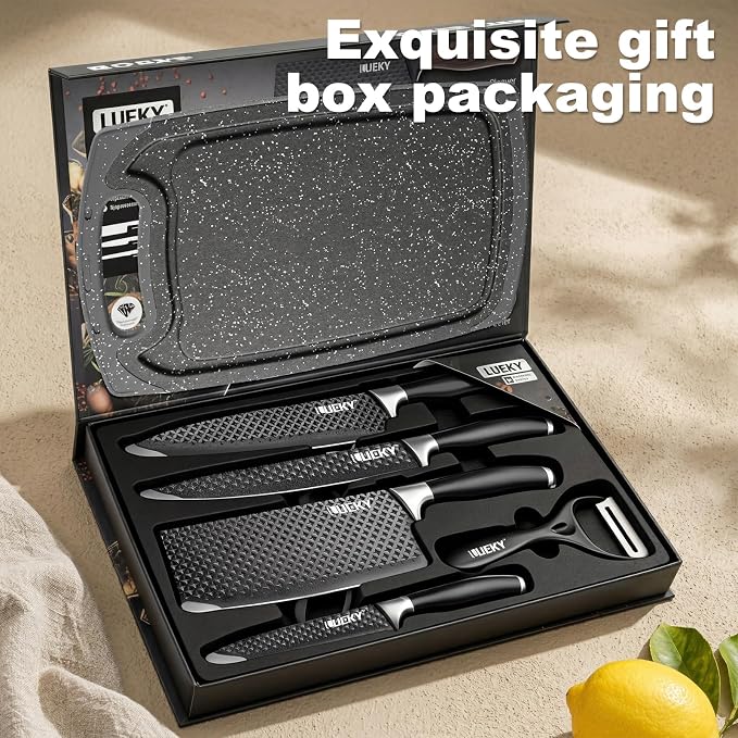 Knife Set, 7 Pieces Kitchen knife Set with Healthy Anti-Rust Coating, Stainless Steel Professional Chef Knife Sets with Elegant Box, Kitchen Knives with Scissors & Peeler & Cutting Board for Cooking