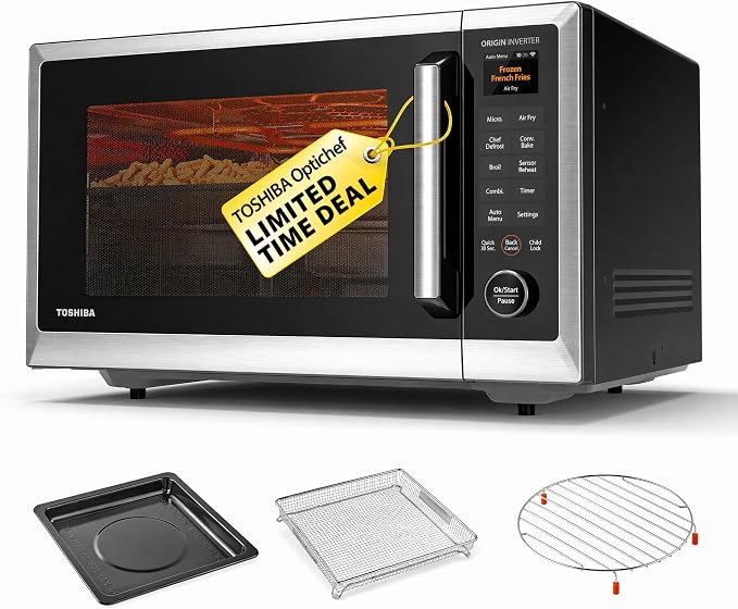 TOSHIBA OptiChef PRO MAX Air Fryer Combo Microwave Oven with 2.4-Inch Color Screen, Origin Inverter Technology, Smart Sensor, Compatible with Alexa, 1100W, 1.3 Cu.Ft, Silver ML2-STC13SAIT(SS)
