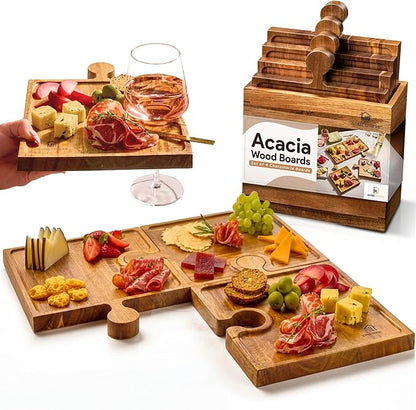 Homesphere Wooden Charcuterie Boards, Appetizer Tray for Parties & Cutting Board with Handle, Set of 4, Acacia Wood Board, Wine Gifts, Wine Accessories, Interlocking Puzzle Serving Tray w/Storage Box