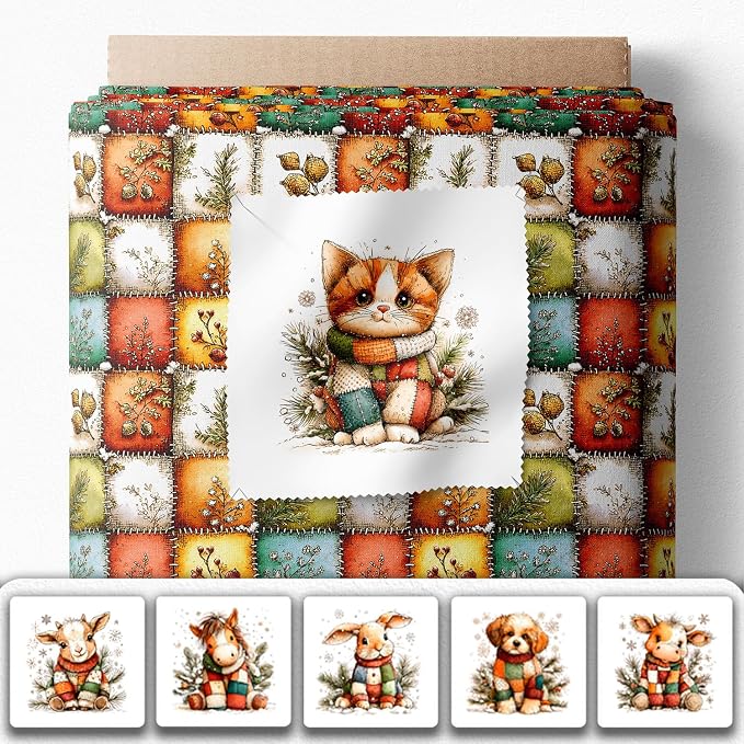 Cozy Animals Patchwork Quilting Fabric Panel – 6× (10×10 inch) Blocks + Bonus Patchwork Sheet 29.5×19.6 inch, 100% Cotton 140 GSM, Winter Forest Animal Theme