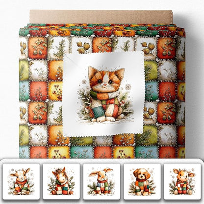 Cozy Animals Patchwork Quilting Fabric Panel – 6× (10×10 inch) Blocks + Bonus Patchwork Sheet 29.5×19.6 inch, 100% Cotton 140 GSM, Winter Forest Animal Theme