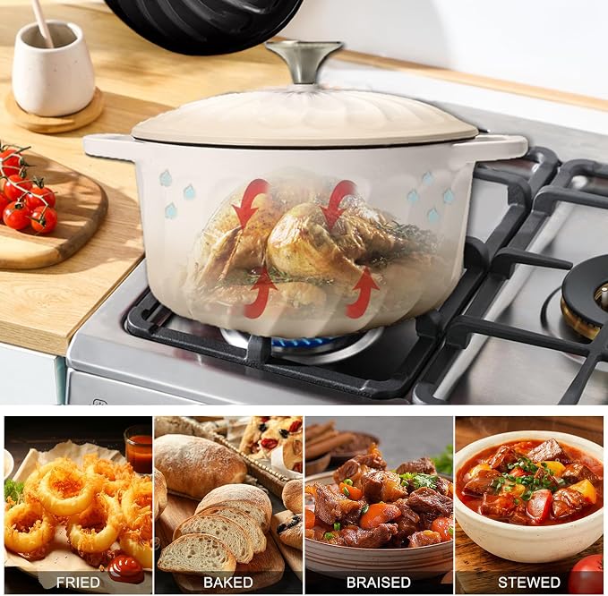 Enameled Cast Iron Dutch Oven with Lid, 3 QT Cast Iron Dutch Oven Pot, Heavy Duty Cast Iron Pot for Bread Baking, Cook, Bake, Oven Safe across All Cooktops (White,3 QT)