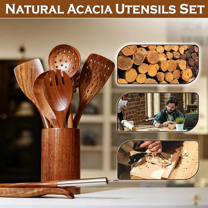 Wooden Spoons for Cooking with Utensils Holder, 10-Pieces Natural Acacia Wooden Utensil Set with Stainless Handle, Non-Stick, Wooden Cooking Spurtle Set for Mom, Wife Cookware Gifts