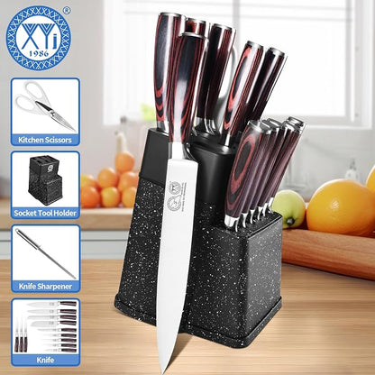 XYJ Authentic Since 1986, Knife Block Set, Kitchen Knives Set With Holder, Scissors, Professional Japanese Chef Knife Set, Paring Bread Carving Slicing Knife, Steak Knives