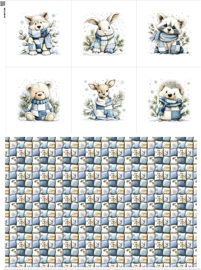 Winter Animals Patchwork Quilting Fabric Panel – 6× (10×10 inch) Blocks + Bonus Patchwork Sheet 29.5×19.6 inch, 100% Cotton 140 GSM, Cozy Blue & Cream Woodland Theme
