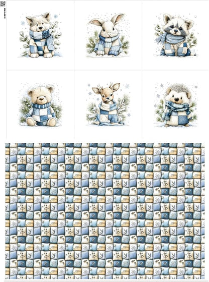 Winter Animals Patchwork Quilting Fabric Panel – 6× (10×10 inch) Blocks + Bonus Patchwork Sheet 29.5×19.6 inch, 100% Cotton 140 GSM, Cozy Blue & Cream Woodland Theme