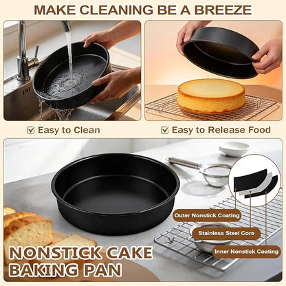 P&P CHEF 9 Inch Cake Pan Set of 3, 3 Pieces Nonstick Round Cake Baking Pans, Stainless Steel Smash Layer Cake Tin Bakeware for Cooking Steaming, Healthy & Sturdy, Oven & Dishwasher Safe