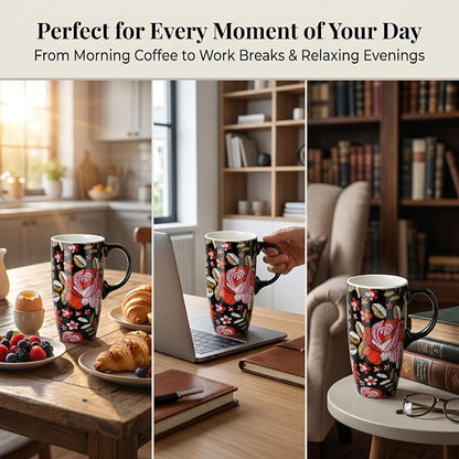 Topadorn 17oz Ceramic Travel Mug with Lid and Handle, Black Floral Coffee Cup, Embroidered Rose Style Mug, Microwave & Dishwasher Safe, Gift Box Included