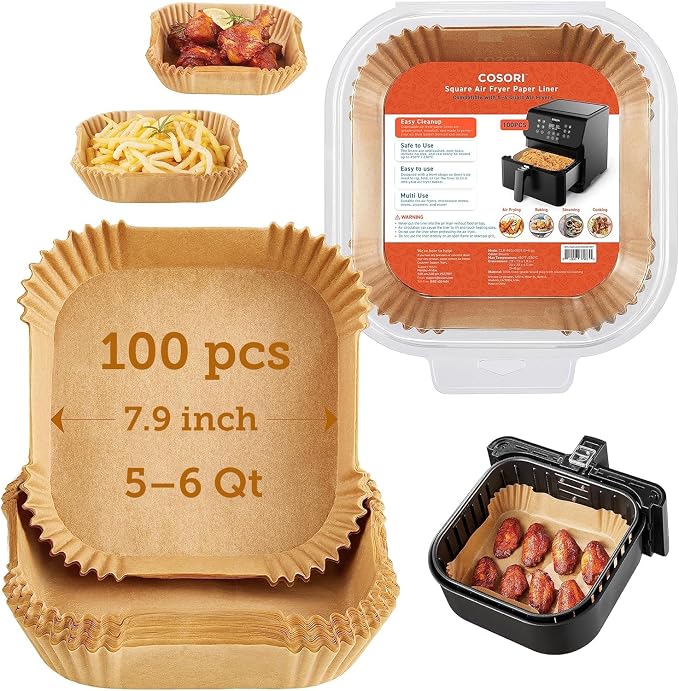 Cosori Air Fryer Liners, 100 PCS Square Disposable Paper Liners, Non-Stick Silicone Oil Coating, Little to No Cleaning, 7.9" Unbleached Food Grade, Resistant to 465°F, Thickened Not Easy to Break
