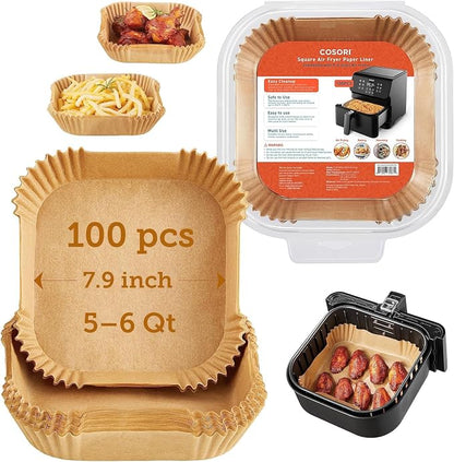 Cosori Air Fryer Liners, 100 PCS Square Disposable Paper Liners, Non-Stick Silicone Oil Coating, Little to No Cleaning, 7.9" Unbleached Food Grade, Resistant to 465°F, Thickened Not Easy to Break