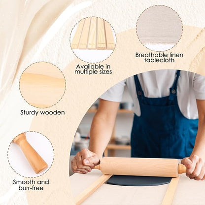 12 Pcs Pottery Tools Set, Include17in Slab Roller for Clay Pottery and 10 Pcs 5 Size Wooden Rolling Pin Guides, 1 Linen Tablecloth for Ceramic Clay Making
