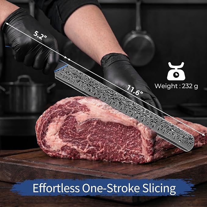 FINTISO Brisket Knife 11.6 Inch, 67-Layer Damascus Steel Carving Knife for Meat, Razor Sharp Japanese Slicing Knives for BBQ Roasts, Turkey, Ergonomic Full Tang G10 Handle - Zeus Series