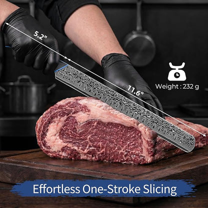 FINTISO Brisket Knife 11.6 Inch, 67-Layer Damascus Steel Carving Knife for Meat, Razor Sharp Japanese Slicing Knives for BBQ Roasts, Turkey, Ergonomic Full Tang G10 Handle - Zeus Series