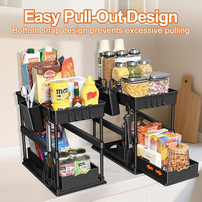 JPart Under Sink Organizer, Kitchen Organizers and Storage, 2-Tier Bathroom Cabinet Organizer with Sliding Drawers, Thickened Construction with Hooks Hanging Cup for Kitchen & Bathroom, 2 Pack