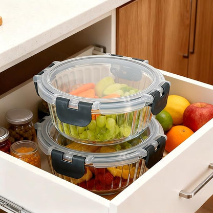 Glass Fluted Ombre grey Leak-Proof 6-Piece Set Food Storage Containers, Food Containers with Lids, Meal Prep Containers. (Round)
