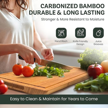 Bambüsi Large 16 Inch Bamboo Cutting Board with Juice Groove and Handles - Heavy Duty Butcher Block for Kitchen, Meat, Cheese, Vegetables, Food Prep and Serving