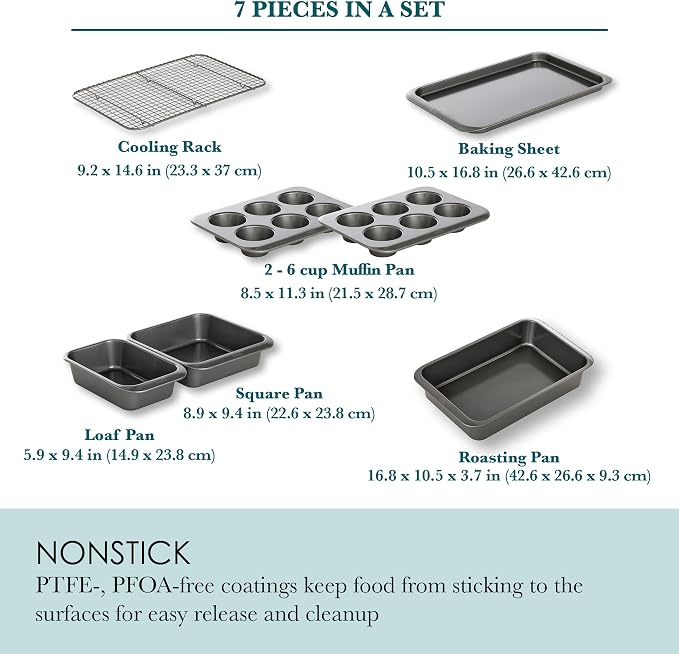 Chicago Metallic 7-Piece Nonstick Bakeware Nesting Set - Carbon Steel Baking Sheet, Loaf Pan, Muffin Pan, Cake Pan, Roaster and Cooling Rack