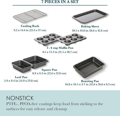 Chicago Metallic 7-Piece Nonstick Bakeware Nesting Set - Carbon Steel Baking Sheet, Loaf Pan, Muffin Pan, Cake Pan, Roaster and Cooling Rack