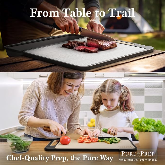 PURE-PREP Titanium Cutting Board - Double-Sided Design with Titanium Cutting Board and Wheat Straw PP for Kitchen Use - Chopping Board with Collapsible Catch, Grater, Knife Sharpener - Large 16”x11”