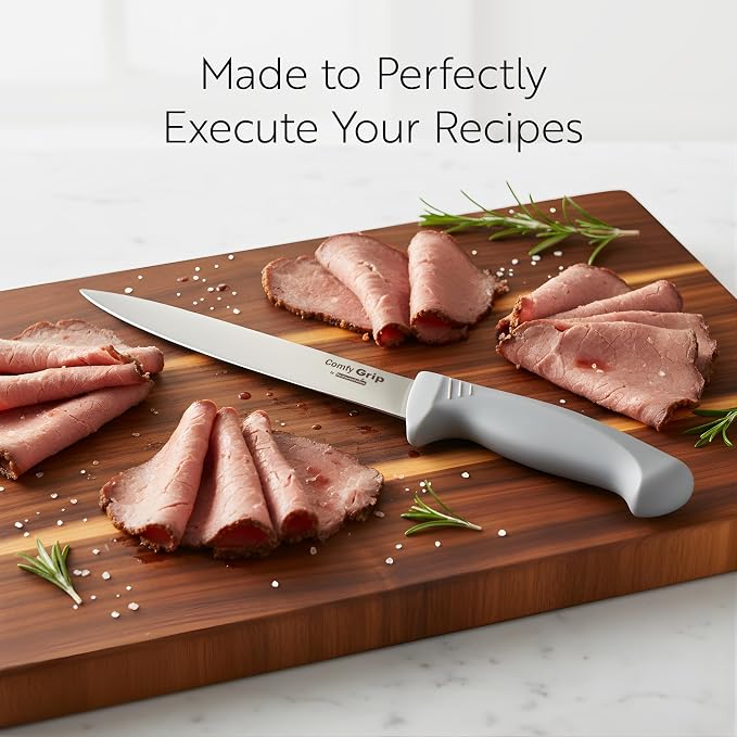 Restaurantware 8 Inch Carving Knife Stainless Steel Ergonomic Handle Non-Slip Grip Durable Kitchen Knife, Dishwasher-Friendly for Home Cooking and Commercial Use, Gray