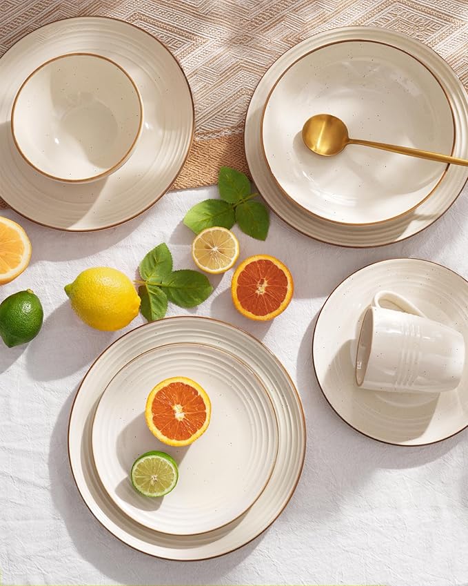 Famiware Jupiter 18-Piece Stoneware Dinnerware Sets for 6 – Handcrafted Plates and Bowls with Speckles & Embossed Swirls, Chip & Scratch Resistant, Modern Dishes for Daily & Formal Use, Vanilla White