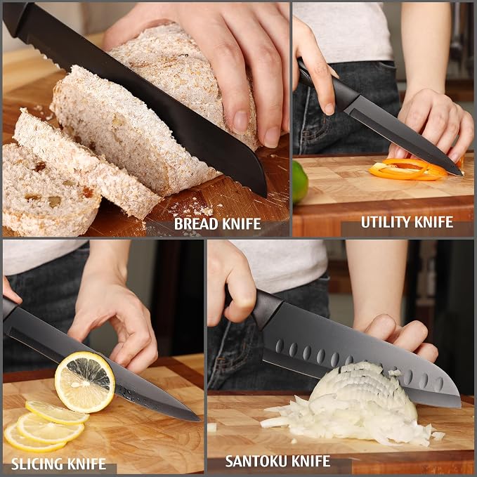 hecef 15PCS Black Knife Block Set with Built-in Sharpener – Non-Stick Coating Blades & Ergonomic Handle for Effortless Cutting & Slicing