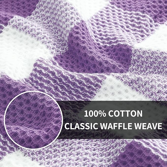 Homaxy 100% Cotton Waffle Weave Check Plaid Kitchen Towels, 13 x 28 Inches, Super Soft and Absorbent Dish Towels for Drying Dishes, 4-Pack, White & Purple