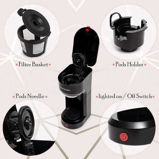Mixpresso 2-in-1 Coffee Maker – Single Serve & Ground Coffee Brewer, Compact Personal Coffee Machine for Pods & Loose Grounds, Quick Brew 14 oz Portable Small Coffee Maker, Black