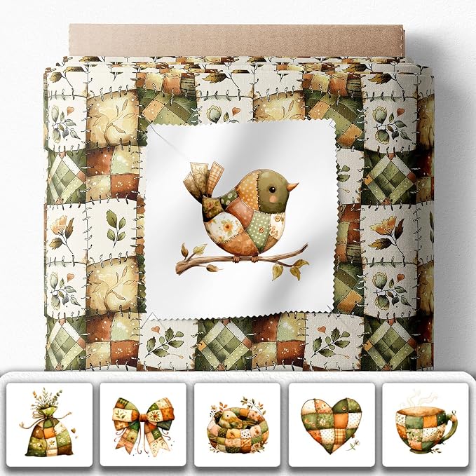 Rustic Patchwork Cotton Fabric Panel – 6 Designs (10"×10" inch Each) + Bonus Patchwork Sheet 29.5"×19.6" inch, 100% Cotton 140 GSM