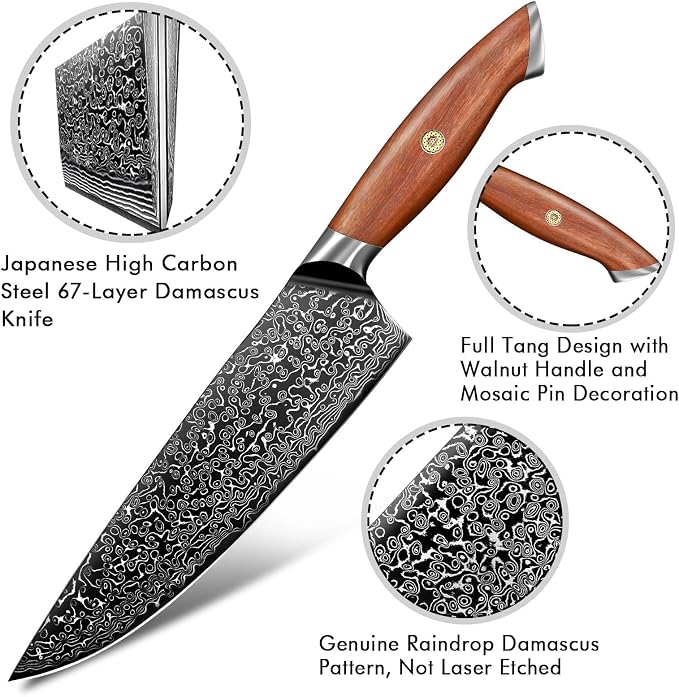 Freelander Damascus Chef Knife 8 Inch, 67-Layer VG10 Core Japanese Steel, Walnut Handle with Mosaic Pin, Full Tang Design, HRC 62 Sharp Blade, Gift-Ready Kitchen Knife