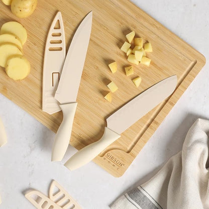 Gibson Home Bostonville 12 Piece Kitchen Knives Set W/Blade Guards/Sheaths, Chef Knife Sets With Nonstick Blades - White