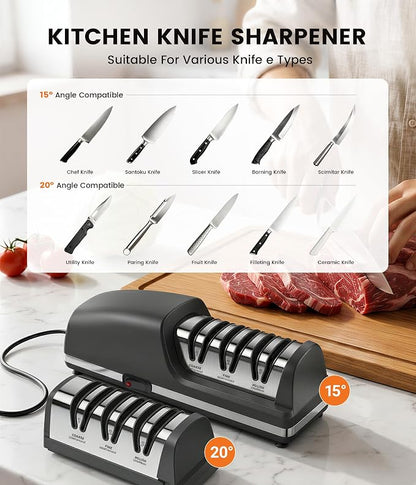Newise Electric Knife Sharpener for Kitchen Knives - 3 - stage 15°&20° Dual Sharpening Heads, 100% Diamond Abrasive - Quick & Precise Sharpening, Ideal Gift