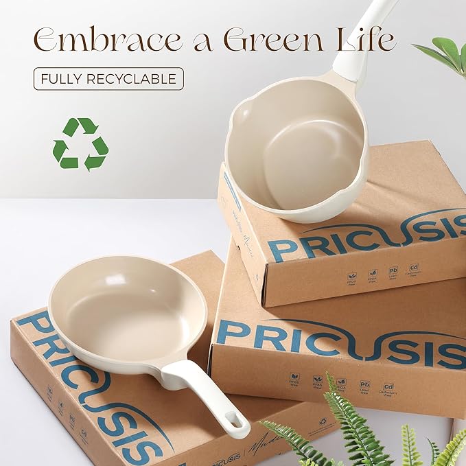 PRICUSIS Ceramic Nonstick Saucepan with Lid, 3 Quart Non Toxic Pot with Pour Spouts, Full Coated, 100% Dishwasher Safe, Induction Compatible, PTFE PFAS & PFOA Free, Coconut White