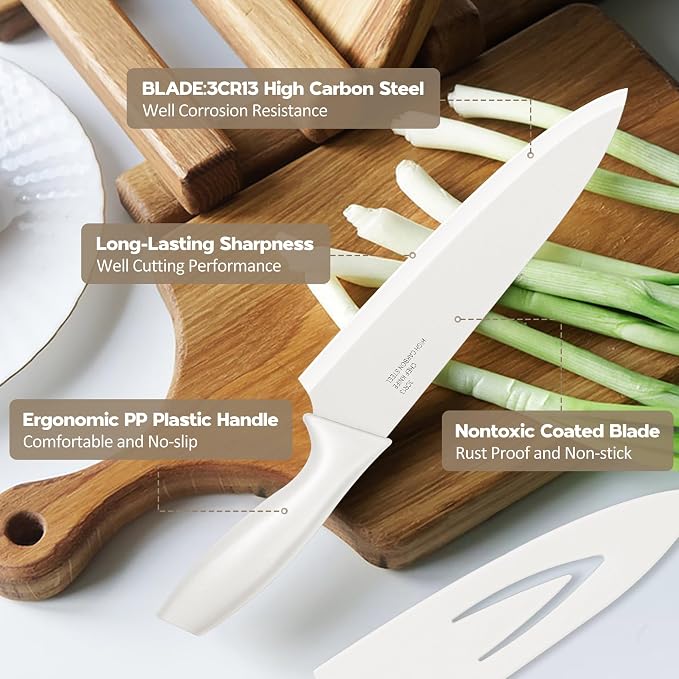 E-far 12-Piece Kitchen Knife Set, Stainless Steel Chef Knives Set with 6 Blade Guards, Sharp Kitchen Cooking Knife with Ergonomic Handle, Anti-Rust & Easy to Clean (Cream)
