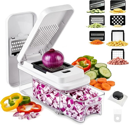 SUSTEAS Kitchen Vegetable Chopper and Mandolin Slicer, Vegetable Cutter with Pull-Out Container, Multifunctional Chopper for Onion, Potato, Food and Fruit, Essentials Kitchen Gadgets (7-in-1, White)