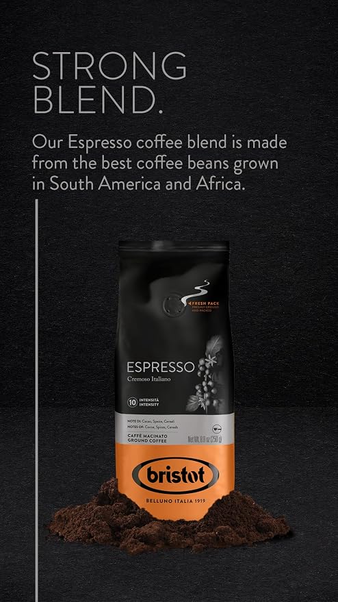Bristot Espresso Cremoso Italiano Ground Coffee – Medium Roast, Rich & Smooth – 8.8oz (250g) Bag – Italian Ground Espresso for Home Machines
