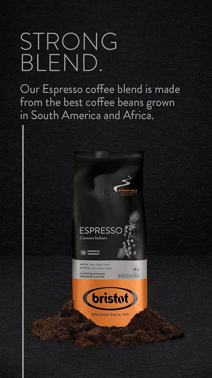 Bristot Espresso Cremoso Italiano Ground Coffee – Medium Roast, Rich & Smooth – 8.8oz (250g) Bag – Italian Ground Espresso for Home Machines