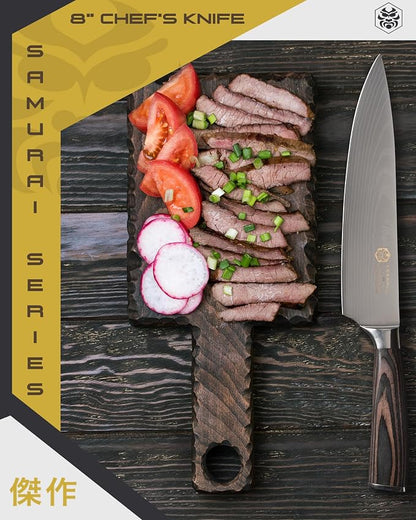 KESSAKU Chef Knife - 8 inch - Samurai Series - Razor Sharp Kitchen Knife - Forged 7Cr17MoV High Carbon Stainless Steel - Wood Handle with Blade Guard