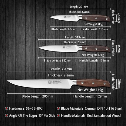 XINZUO German Stainless Steel Knife Set, 5Pcs Professional Chef Knife Sets for Chefs, Ultra Sharp,Chef Santoku Slicing Petty Paring Knife with Red Sandalwood Handle