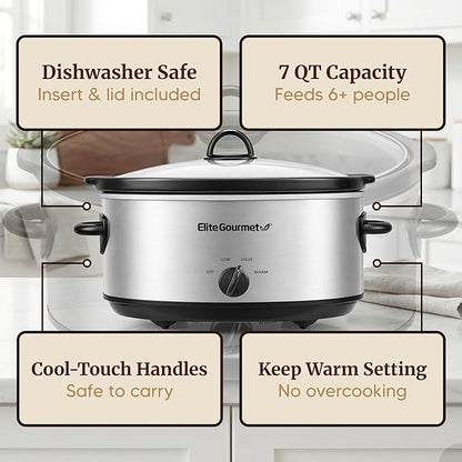 Elite Gourmet MST710 7 Quart Slow Cooker Pot, Removable Stoneware Insert, Tempered Glass Lid, Low/High/Keep Warm Settings, Dishwasher Safe, Cool-Touch Handles, One-Dial Control, Stainless Steel