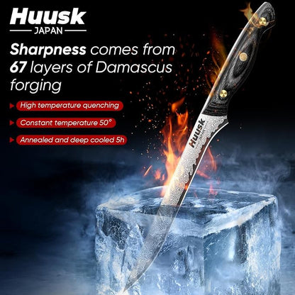 Huusk Damascus Boning Knife 8 inch, VG10 Brisket Trimming Knives for Meat Cutting, Flexible Fillet Knife, Butcher Knives, Kitchen Slicing Knives with Full Tang Handle, Christmas Gift for Men and Women
