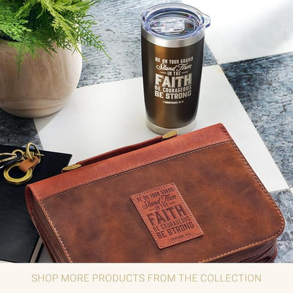 Christian Art Gifts Stainless Steel Double Wall Vacuum Insulated Tumbler 18 oz Brown Travel Mug with Retractable Lid for Women & Men Inspirational Bible Verse - Stand Firm -1 Corinthians 16:13