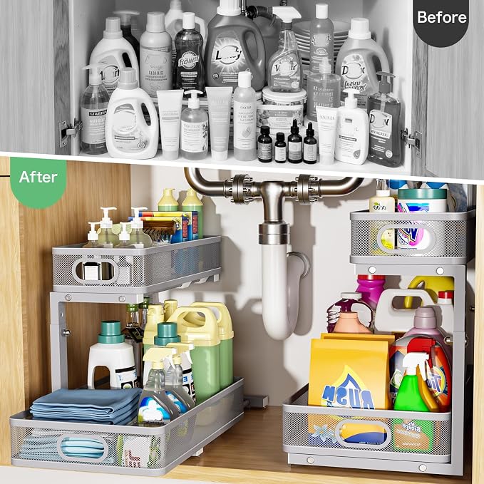 Under Sink Organizer, High Adjustable 2 Tier Under Sink Organizers and Storage, Slide out Metal Cabinet Organizers, Pull out Storage Drawer Shelf for Kitchen Bathroom Cabinet (1, Gray)