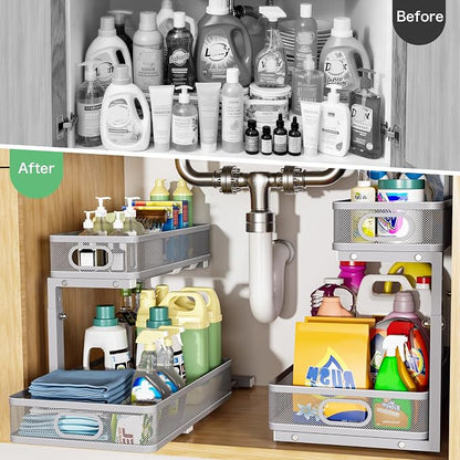 Under Sink Organizer, High Adjustable 2 Tier Under Sink Organizers and Storage, Slide out Metal Cabinet Organizers, Pull out Storage Drawer Shelf for Kitchen Bathroom Cabinet (1, Gray)