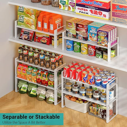 2 Pack Expandable Cabinet Organizer Shelves, 88lbs High Weight Capacity, Stackable Heavy-Duty Metal Storage Rack, Adjustable Cabinet Shelf for Kitchen, Pantry, Cupboard, Under Sink, White