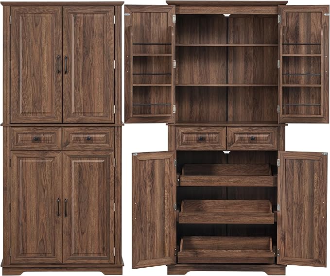 VilroCaz Wooden 71" H Kitchen Pantry Cabinet with 3 Pull Out Cabinet Organizers, Freestanding Cupboard Storage Cabinet with 4 Doors and 2 Drawers, Farmhouse Embossed Texture Design (Brown-5.K)