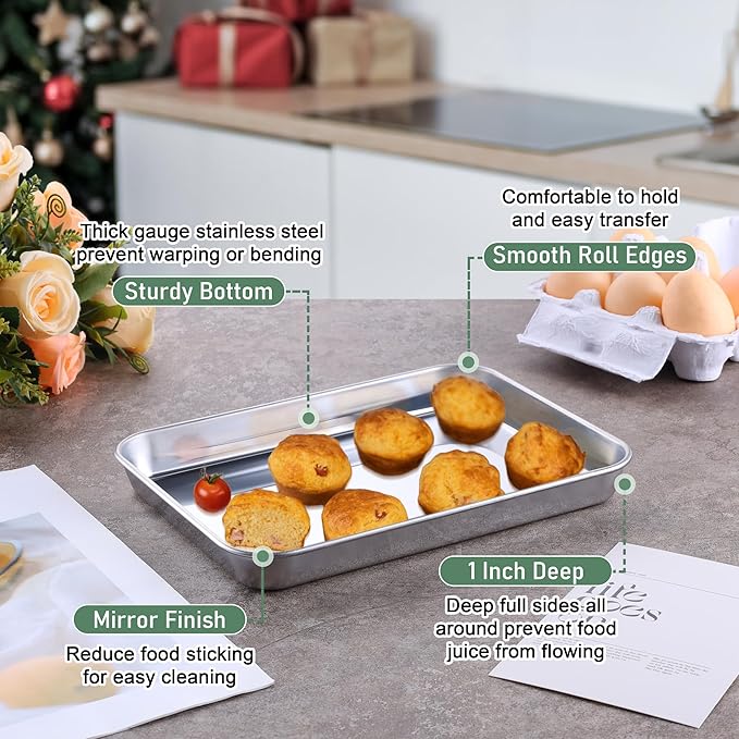 Homikit Toaster Oven Pan with Rack Set (2 Small Baking Sheets+2 Grill Racks), 9 x 7 Inch Stainless Steel Small Cookie Sheets Bacon Tray with Cooling Racks for Baking Roasting, Dishwasher Safe