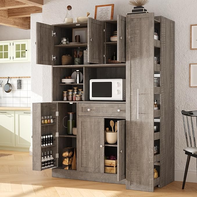 VilroCaz Farmhouse Style Large Kitchen Pantry with Hutch, Freestanding Wood Storage Cabinet Cupboard with Pull-Out Side Cabinet, Door Shelves and Drawer (Brown-6.10)