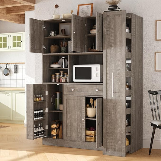 VilroCaz Farmhouse Style Large Kitchen Pantry with Hutch, Freestanding Wood Storage Cabinet Cupboard with Pull-Out Side Cabinet, Door Shelves and Drawer (Brown-6.10)