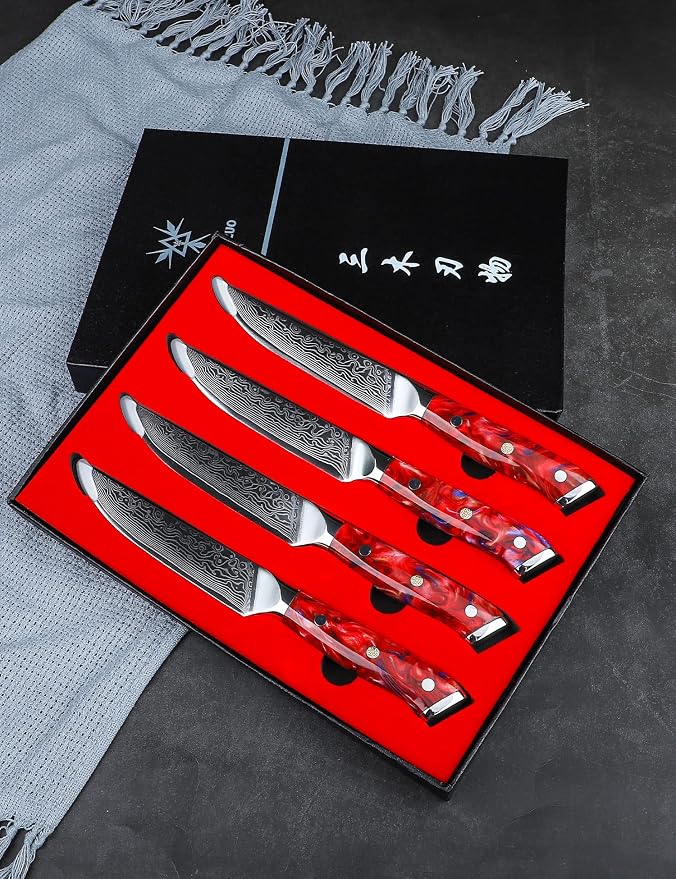 Steak Knives Set of 4, Ultra Sharp Non Serrated Kitchen Steak Knife 5 Inch - Damascus Steel & Resin Handle - Xuan Series (Sunset Red)